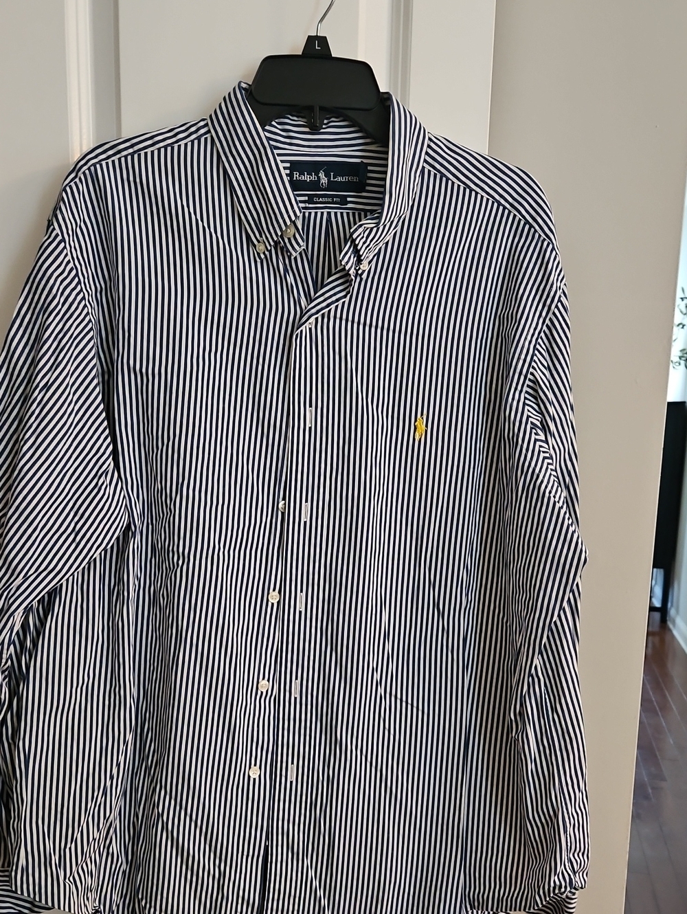 Ralph Lauren Navy & White Vertical Stripe Button-Down Shirt with Yellow Pony